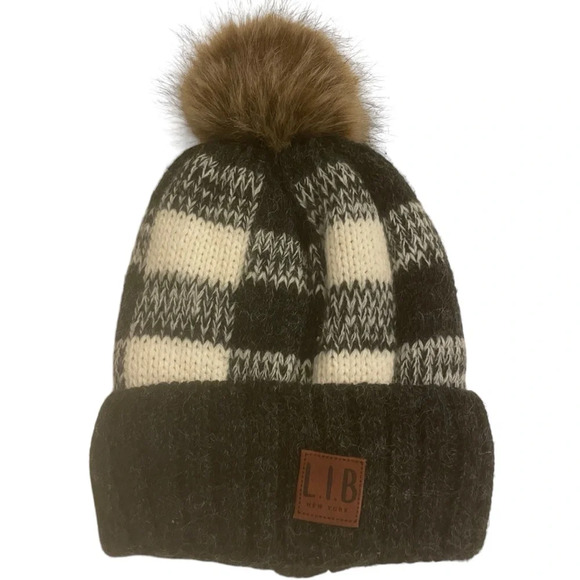 L.I.B. New York Knit Winter Beanie Women’s Hat Black White Pom Fleece Lined - Picture 1 of 5